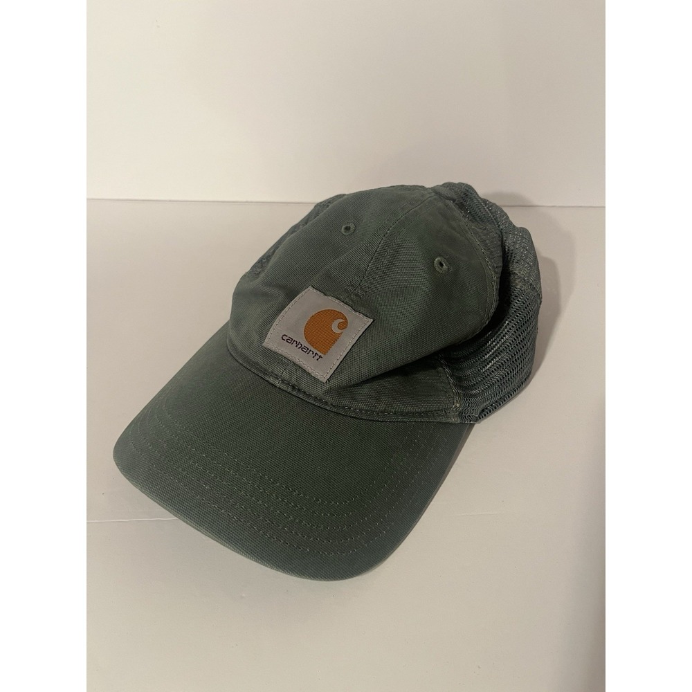 Carhartt Mesh Back Trucker Hat Green Canvas Logo Patch Snapback Cap One Size